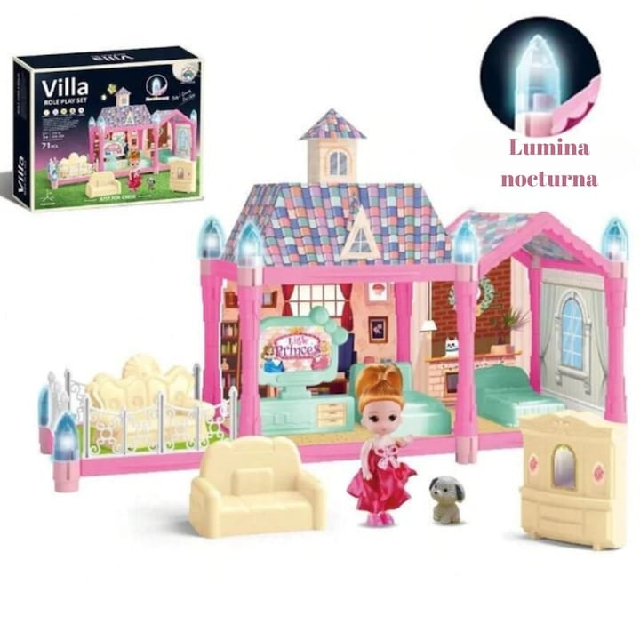 Căsuță de păpuși asamblată cu iluminare, 71 piese, mobilier detașabil, plastic ABS, multicolor, 3+ ani