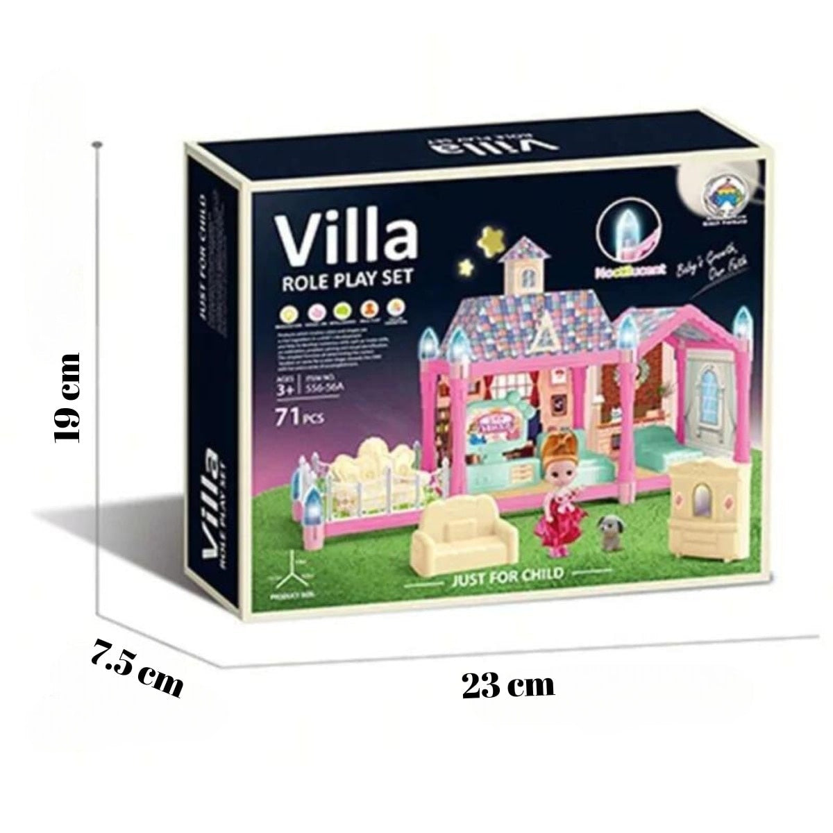 Căsuță de păpuși asamblată cu iluminare, 71 piese, mobilier detașabil, plastic ABS, multicolor, 3+ ani