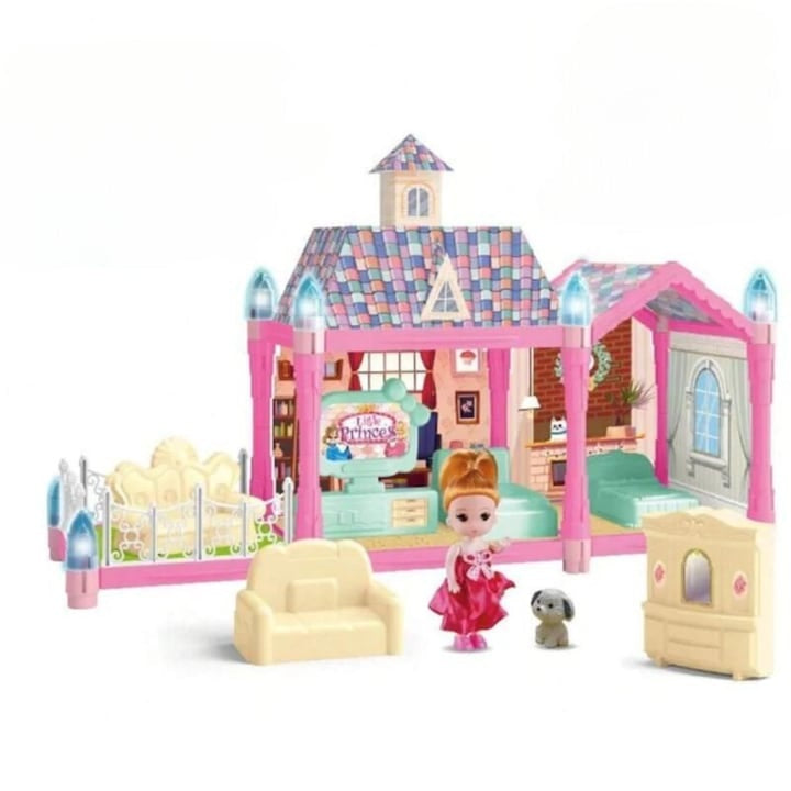 Căsuță de păpuși asamblată cu iluminare, 71 piese, mobilier detașabil, plastic ABS, multicolor, 3+ ani