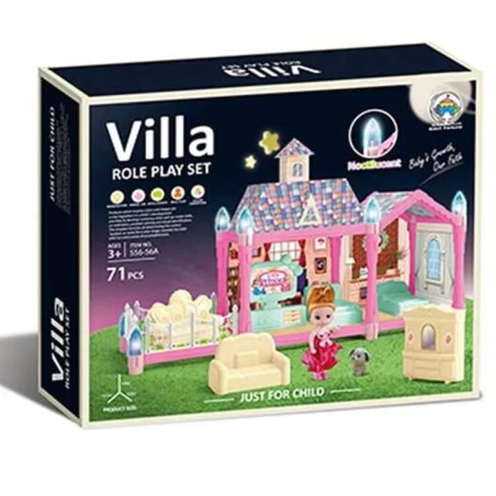 Căsuță de păpuși asamblată cu iluminare, 71 piese, mobilier detașabil, plastic ABS, multicolor, 3+ ani