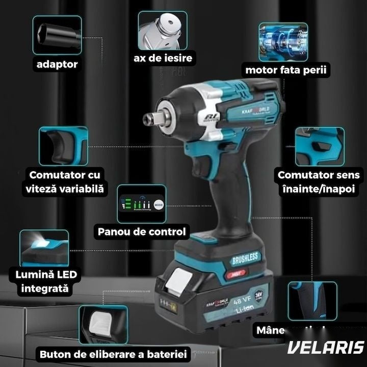 Șurubelniță cu impact 1000Nm 48VF Brushless, 2 acumulatori 4.0Ah, cutie transport, încărcător rapid, LED
