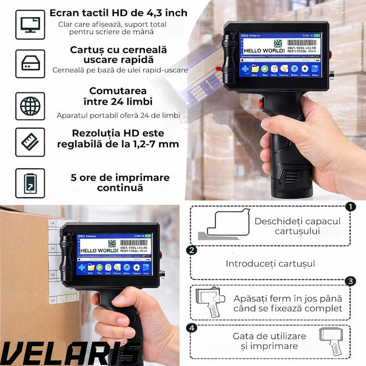 Imprimanta termica portabila, wireless, 12.7 mm, cerneala HP originala, coduri QR, coduri de bare, date variabile, multifunctionala