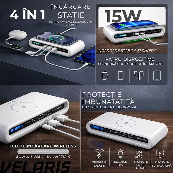 Incarcator fara fir 4 in 1 cu conectare USB-C si 2 sloturi USB