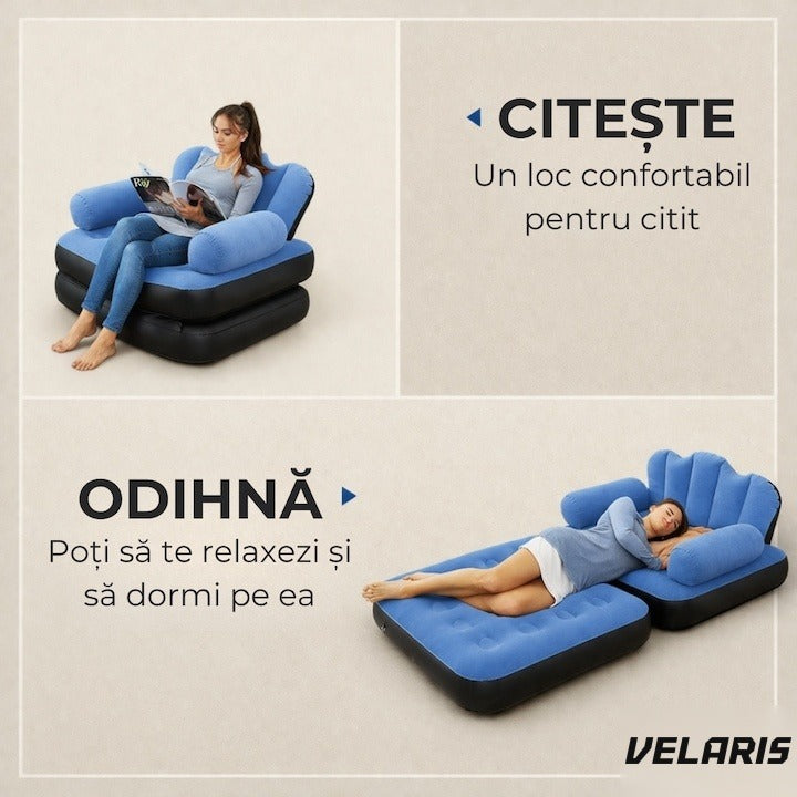 Fotoliu gonflabil XL 2 în 1 portabil, interior și exterior, design ergonomic, 100x88x90 cm, albastru