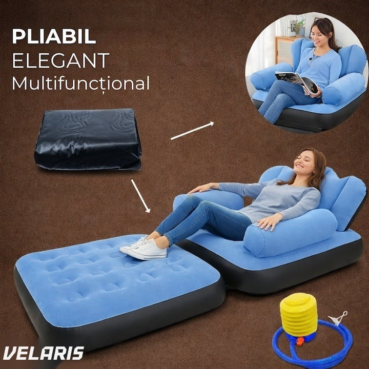 Fotoliu gonflabil XL 2 în 1 portabil, interior și exterior, design ergonomic, 100x88x90 cm, albastru