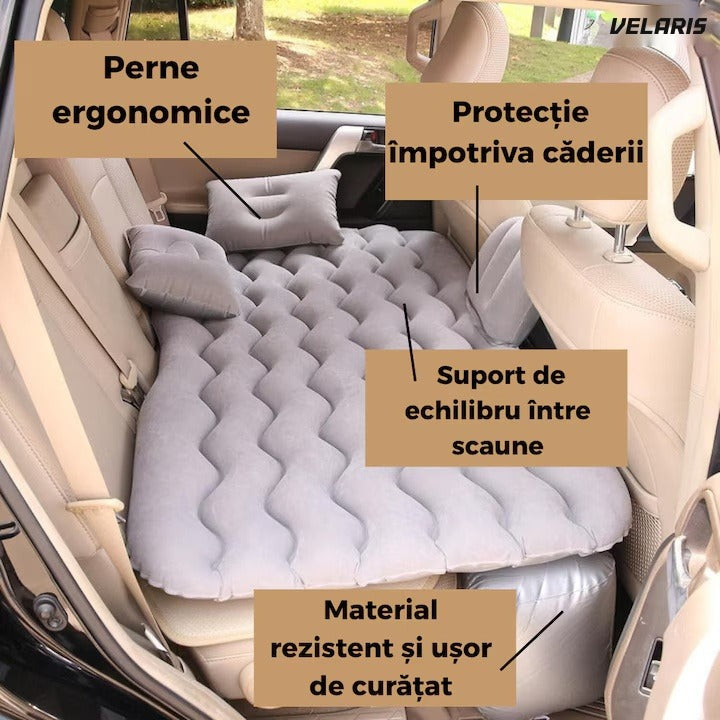 Saltea gonflabilă auto pentru bancheta din spate, cu perne și suport, camping, călătorii, gri