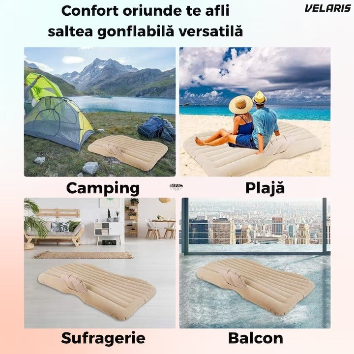 Saltea gonflabilă pentru mașină cu perne și suport central, bej