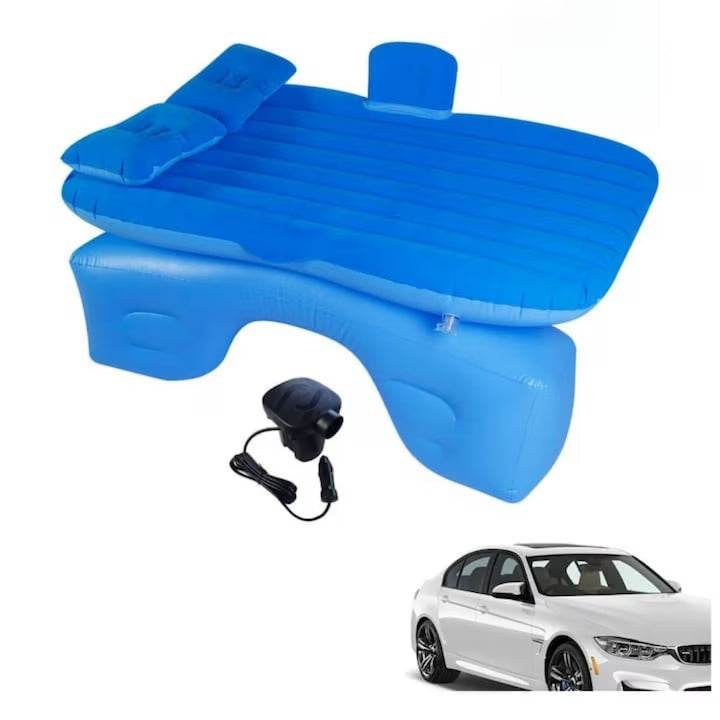 Saltea auto gonflabilă cu perne și suport de echilibru, pentru bancheta spate, camping, albastru