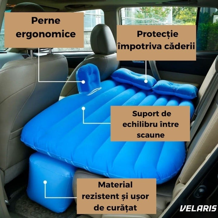 Saltea auto gonflabilă cu perne și suport de echilibru, pentru bancheta spate, camping, albastru