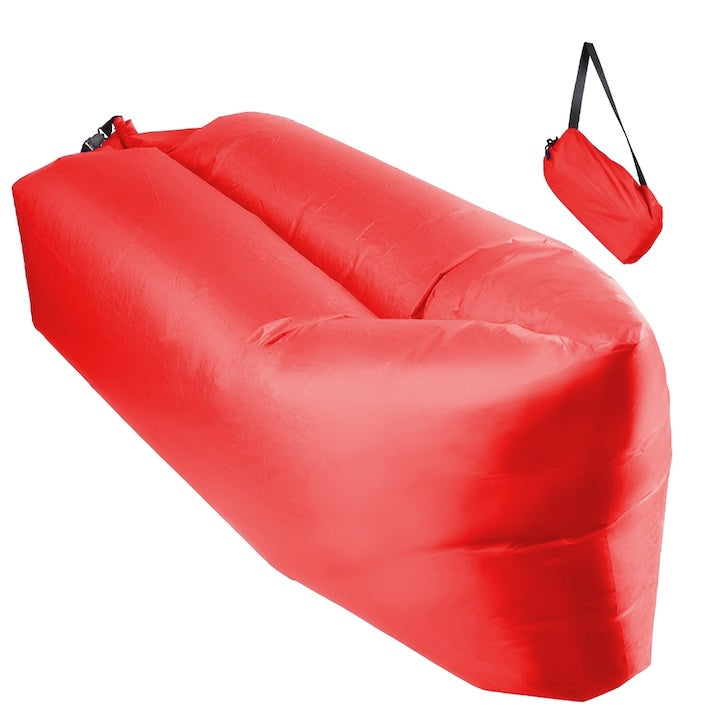 Saltea gonflabilă tip șezlong Lazybag, umflare fără pompă, plajă/picnic/camping, rucsac inclus, 190 x 70 cm, roșu