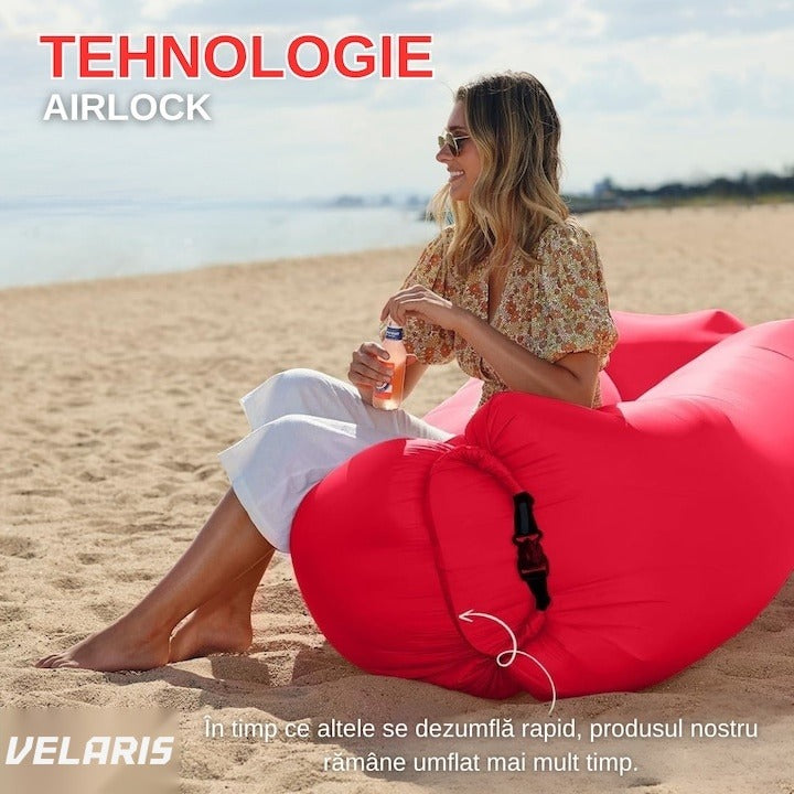 Saltea gonflabilă tip șezlong Lazybag, umflare fără pompă, plajă/picnic/camping, rucsac inclus, 190 x 70 cm, roșu