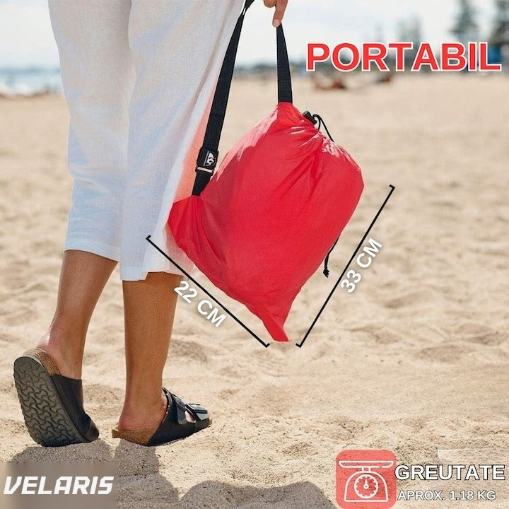 Saltea gonflabilă tip șezlong Lazybag, umflare fără pompă, plajă/picnic/camping, rucsac inclus, 190 x 70 cm, roșu