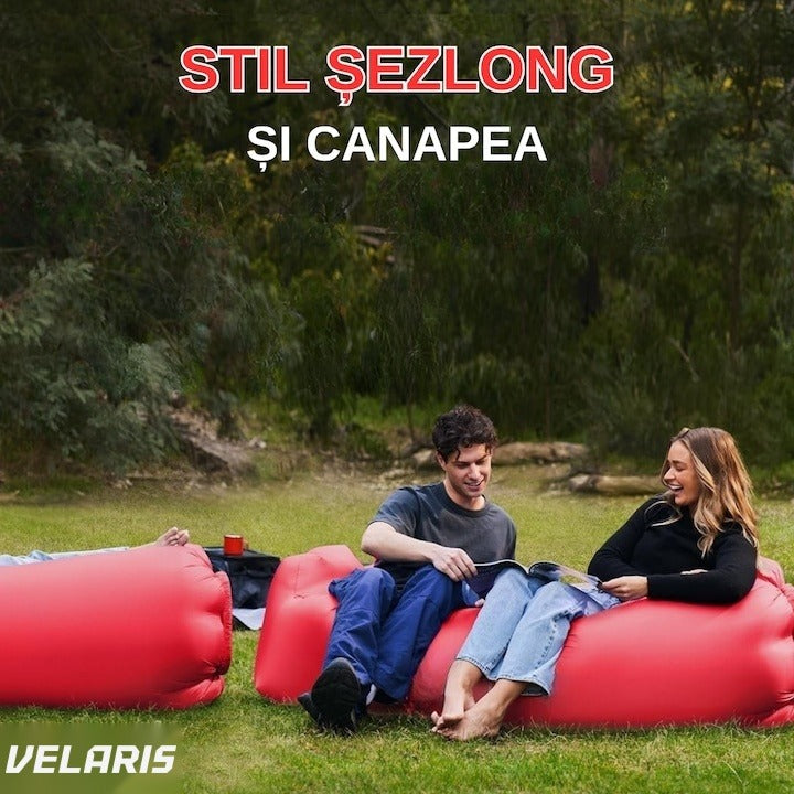 Saltea gonflabilă tip șezlong Lazybag, umflare fără pompă, plajă/picnic/camping, rucsac inclus, 190 x 70 cm, roșu