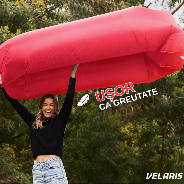 Saltea gonflabilă tip șezlong Lazybag, umflare fără pompă, plajă/picnic/camping, rucsac inclus, 190 x 70 cm, roșu