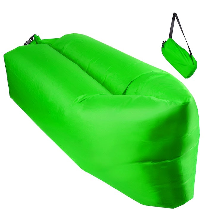 Saltea gonflabilă tip șezlong Lazybag, umflare fără pompă, plajă/picnic/camping, rucsac inclus, 190 x 70 cm, verde