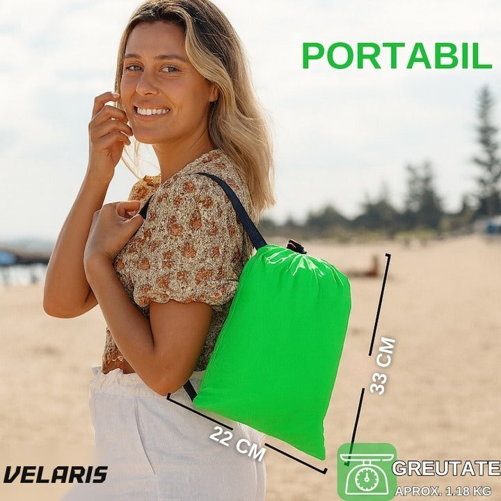 Saltea gonflabilă tip șezlong Lazybag, umflare fără pompă, plajă/picnic/camping, rucsac inclus, 190 x 70 cm, verde