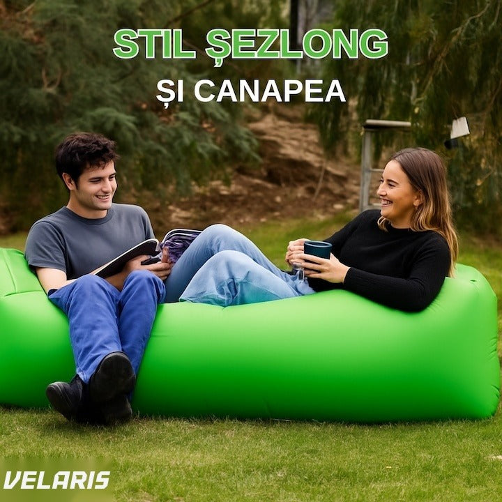 Saltea gonflabilă tip șezlong Lazybag, umflare fără pompă, plajă/picnic/camping, rucsac inclus, 190 x 70 cm, verde