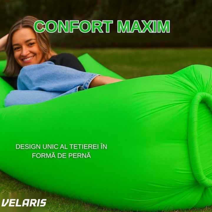 Saltea gonflabilă tip șezlong Lazybag, umflare fără pompă, plajă/picnic/camping, rucsac inclus, 190 x 70 cm, verde
