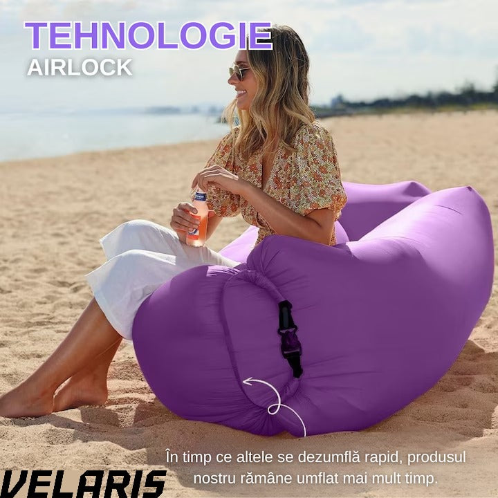Saltea gonflabilă tip Lazybag, umflare fără pompă, 190x70 cm, rucsac inclus, mov