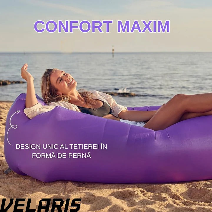 Saltea gonflabilă tip Lazybag, umflare fără pompă, 190x70 cm, rucsac inclus, mov