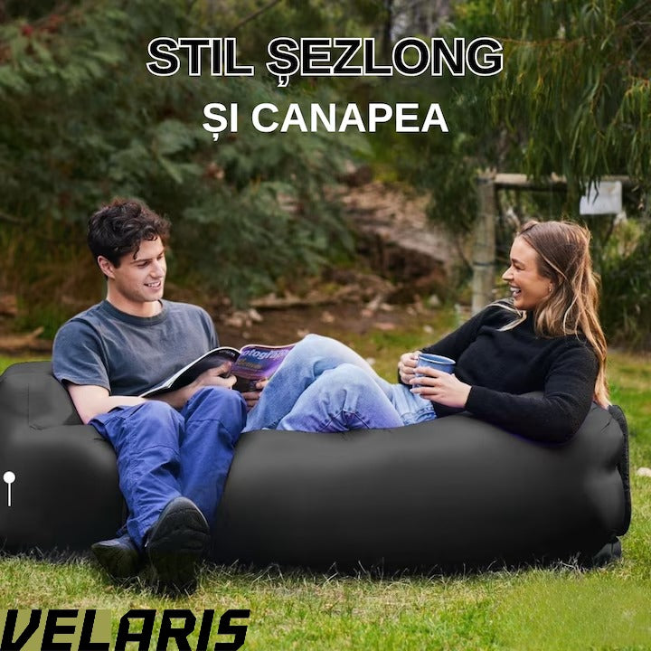 Saltea gonflabilă tip șezlong Lazybag, umflare fără pompă, plajă/picnic/camping, rucsac inclus, 190 x 70 cm, negru
