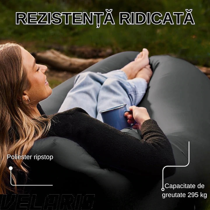 Saltea gonflabilă tip șezlong Lazybag, umflare fără pompă, plajă/picnic/camping, rucsac inclus, 190 x 70 cm, negru