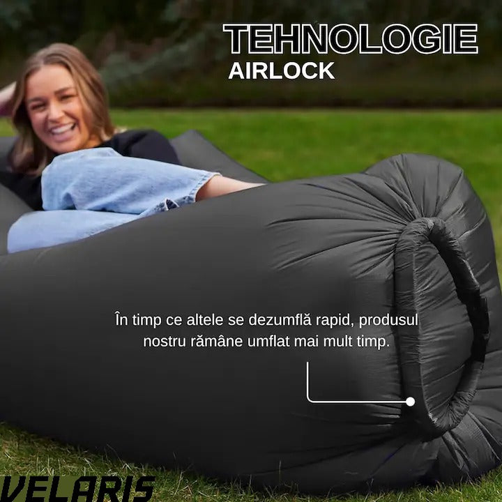 Saltea gonflabilă tip șezlong Lazybag, umflare fără pompă, plajă/picnic/camping, rucsac inclus, 190 x 70 cm, negru