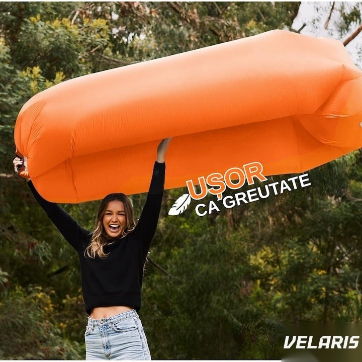 Saltea gonflabilă tip șezlong Lazybag, umflare fără pompă, plajă/picnic/camping, rucsac inclus, 190 x 70 cm, portocaliu