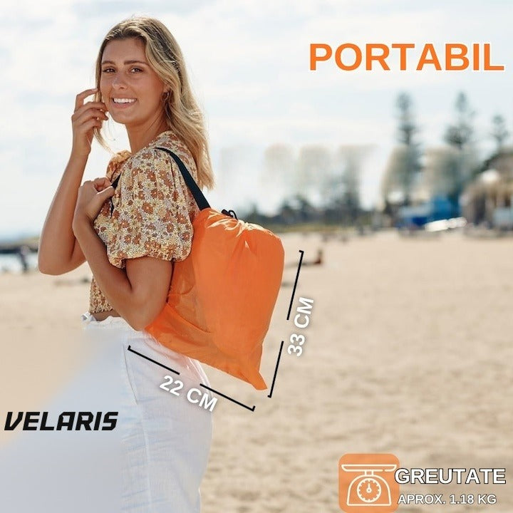 Saltea gonflabilă tip șezlong Lazybag, umflare fără pompă, plajă/picnic/camping, rucsac inclus, 190 x 70 cm, portocaliu