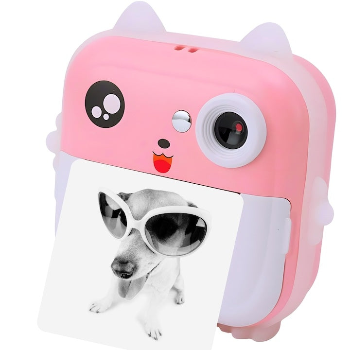 Aparat foto instant pentru copii, imprimare termică, 48MP, Full HD, 3 role, roz