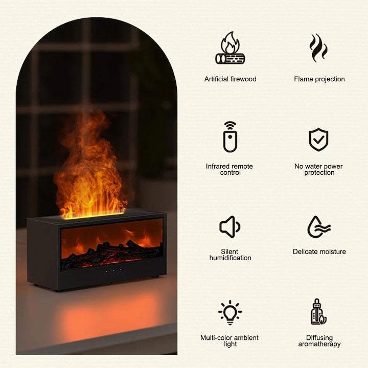 Umidificator 3D cu efect de flacără și aromaterapie, rezervor 200 ml, LED multicolor, USB, negru