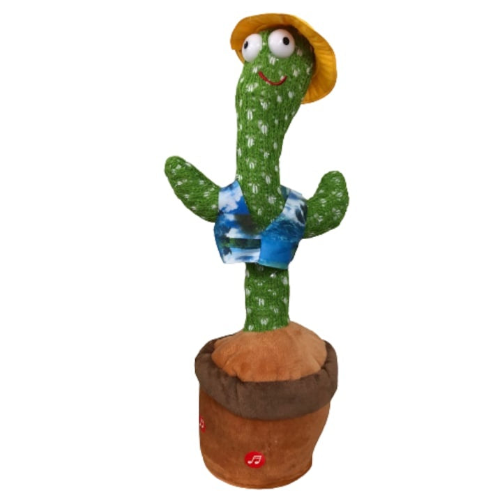 Jucărie interactivă Cactus dansator cu pălărie galbenă, 20 melodii, lumini, 32 cm, Verde