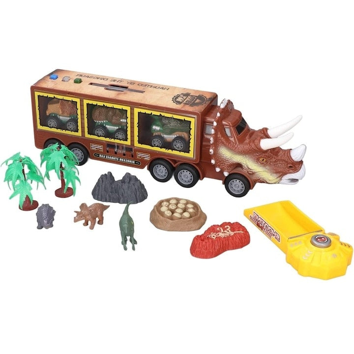 Camion Dinozaur Interactiv cu Lumini, Sunete, 3 Vehicule Detașabile și Rampă