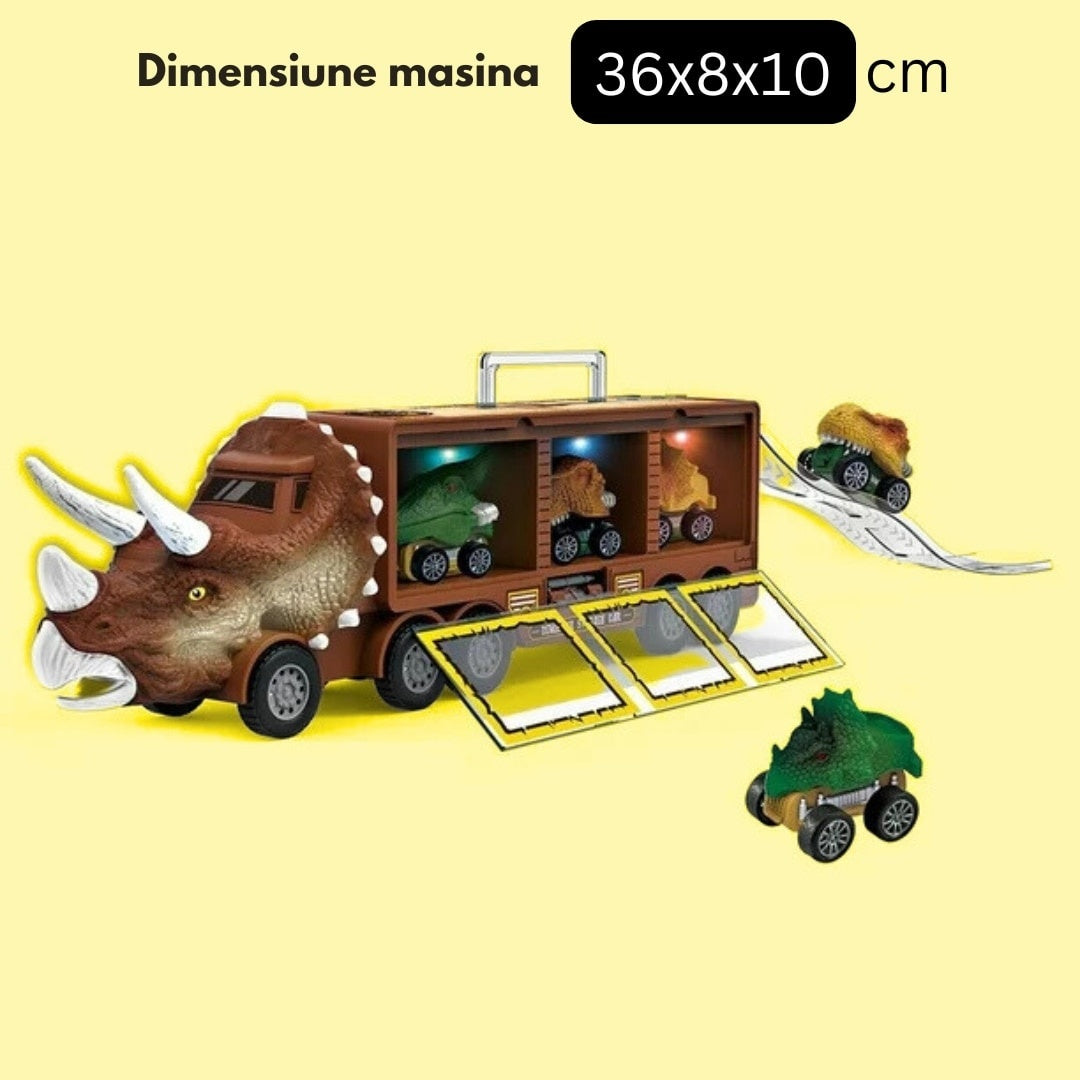 Camion Dinozaur Interactiv cu Lumini, Sunete, 3 Vehicule Detașabile și Rampă