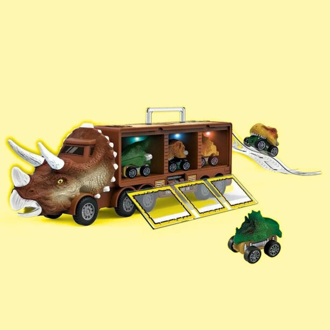 Camion Dinozaur Interactiv cu Lumini, Sunete, 3 Vehicule Detașabile și Rampă