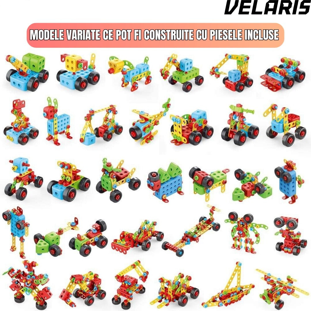 Jucarie educativa si interactiva Set Constructie 404 Piese Puzzle 3D STEM, Cu Surubelnita Electrica, Multicolor, Pentru Copii 6+ Ani