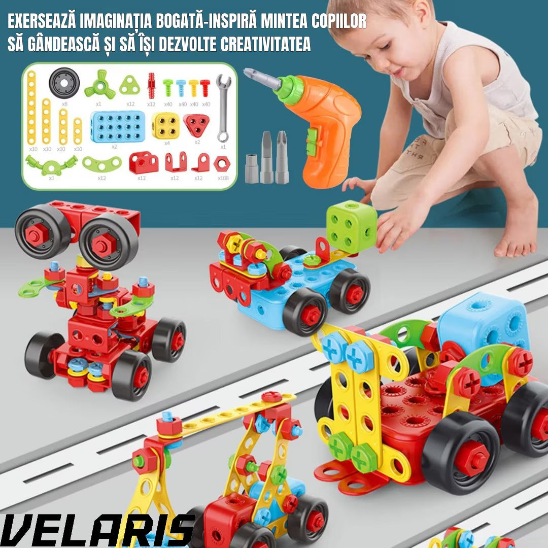 Jucarie educativa si interactiva Set Constructie 404 Piese Puzzle 3D STEM, Cu Surubelnita Electrica, Multicolor, Pentru Copii 6+ Ani
