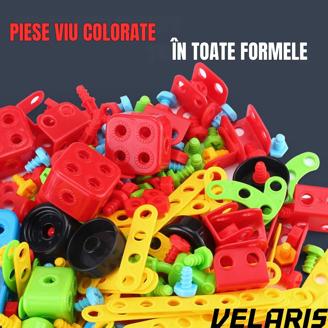 Jucarie educativa si interactiva Set Constructie 404 Piese Puzzle 3D STEM, Cu Surubelnita Electrica, Multicolor, Pentru Copii 6+ Ani