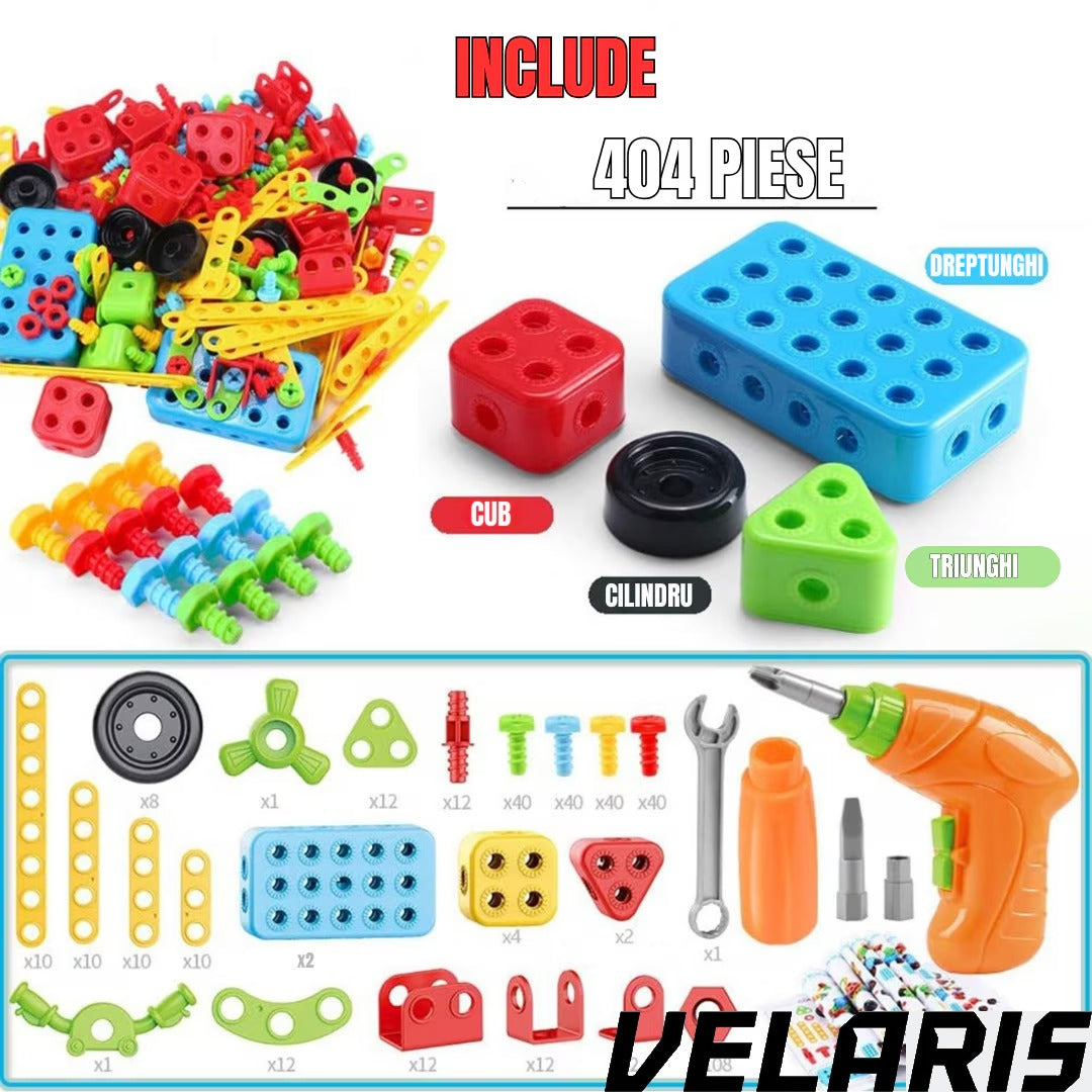Jucarie educativa si interactiva Set Constructie 404 Piese Puzzle 3D STEM, Cu Surubelnita Electrica, Multicolor, Pentru Copii 6+ Ani