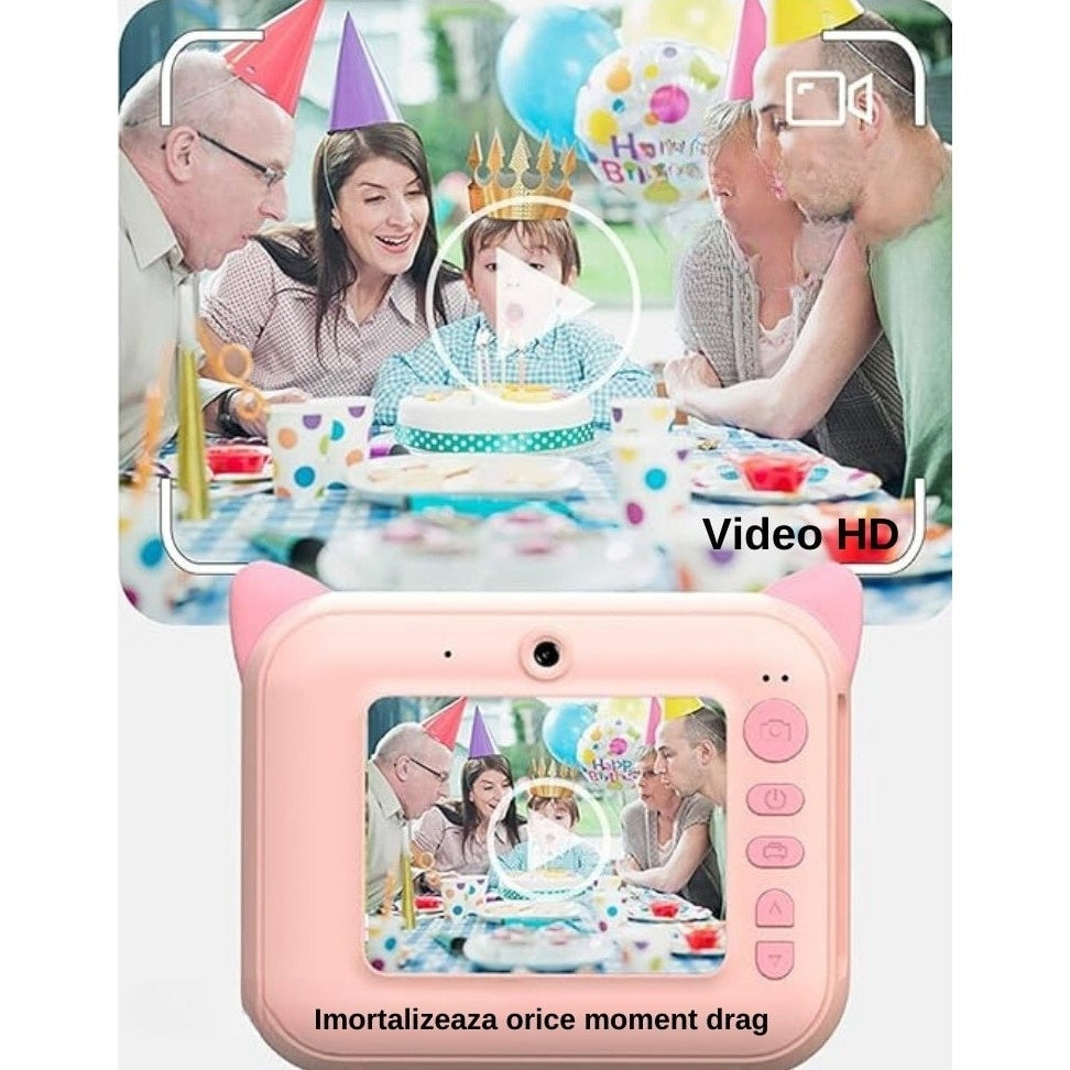 Cameră copii cu imprimare instant, ecran 2,4 inch, 20 Mpx, Full HD 1080P, roz