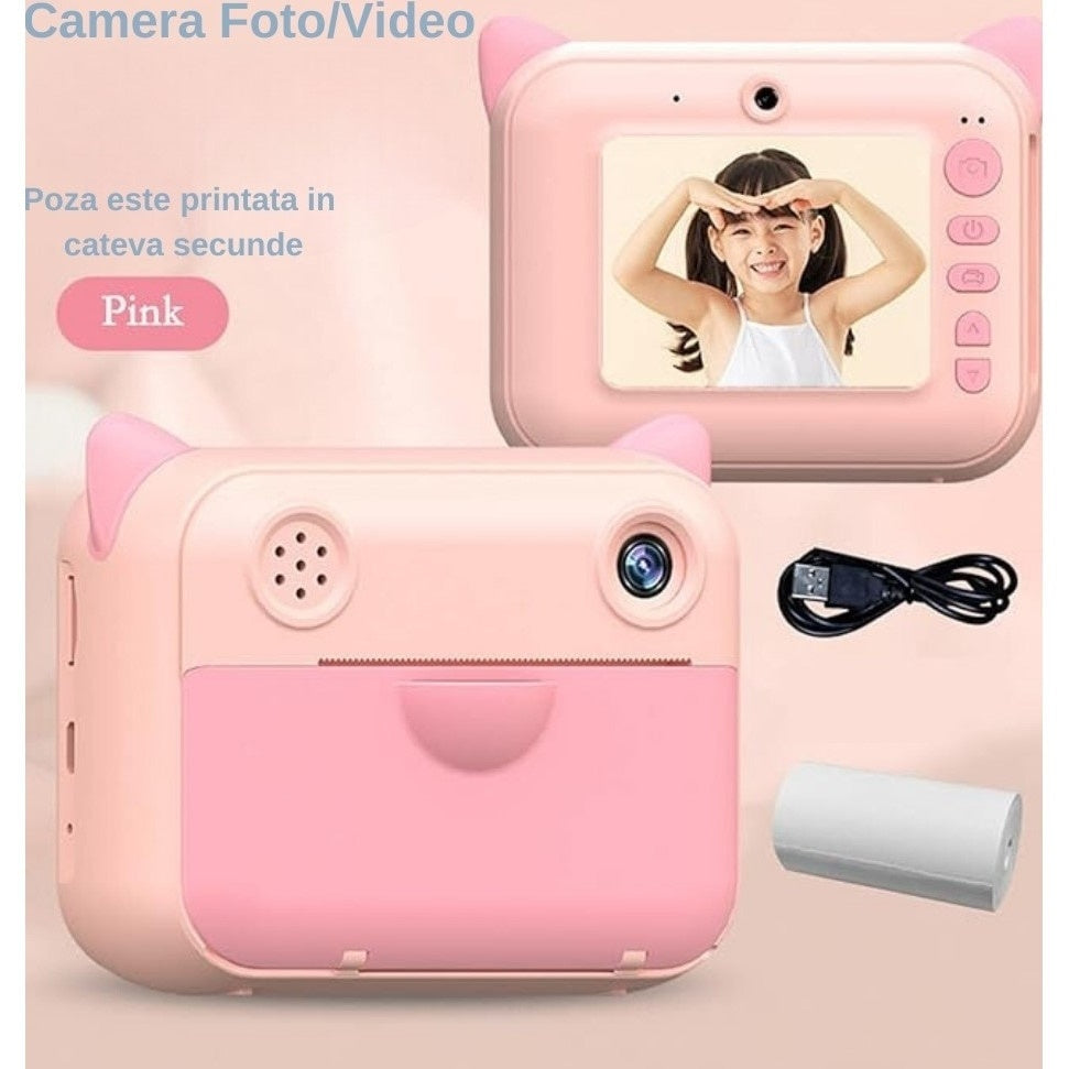 Cameră copii cu imprimare instant, ecran 2,4 inch, 20 Mpx, Full HD 1080P, roz