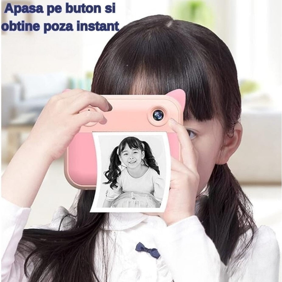 Cameră copii cu imprimare instant, ecran 2,4 inch, 20 Mpx, Full HD 1080P, roz