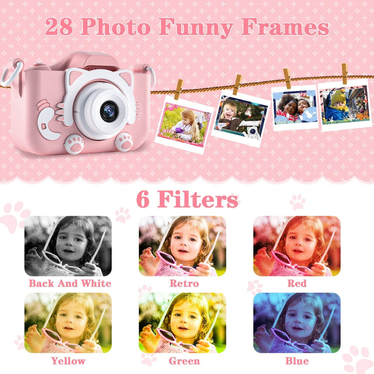 Aparat foto copii HD 1080P, 23MP, ecran 2 inch, selfie și jocuri, roz, 32GB