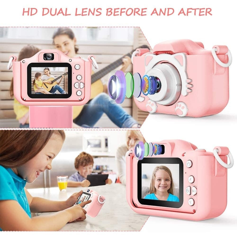 Aparat foto copii HD 1080P, 23MP, ecran 2 inch, selfie și jocuri, roz, 32GB