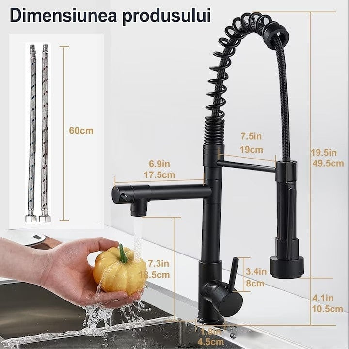 Robinet bucătărie rotire 360°, cot flexibil, inox negru mat