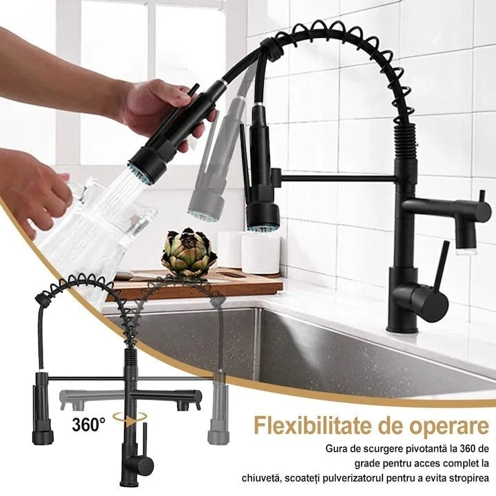 Robinet bucătărie rotire 360°, cot flexibil, inox negru mat