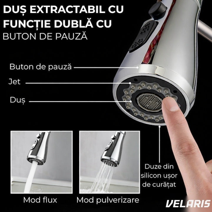 Robinet Bucătărie Premium Extraibil Duș Înalt Rotație 360° Argint Mat