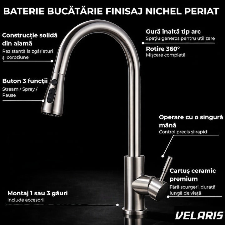 Robinet Bucătărie Premium Extraibil Duș Înalt Rotație 360° Argint Mat