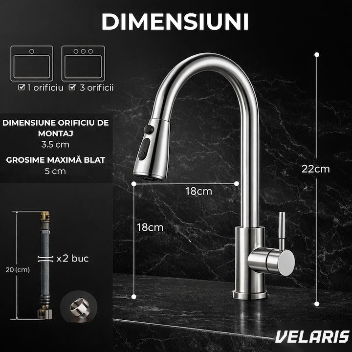 Robinet Bucătărie Premium Extraibil Duș Înalt Rotație 360° Argint Mat