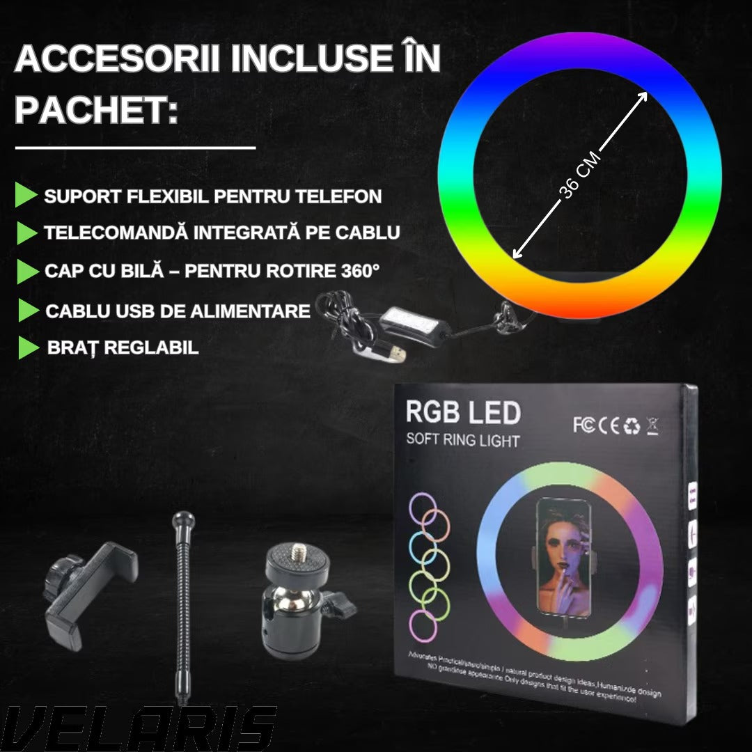 Lampa circulara RGB LED 36 cm, 20 moduri de lumina, cu suport de telefon, cablu de incarcare USB si telecomanda inclusa pe fir cu reglare a intensitatii
